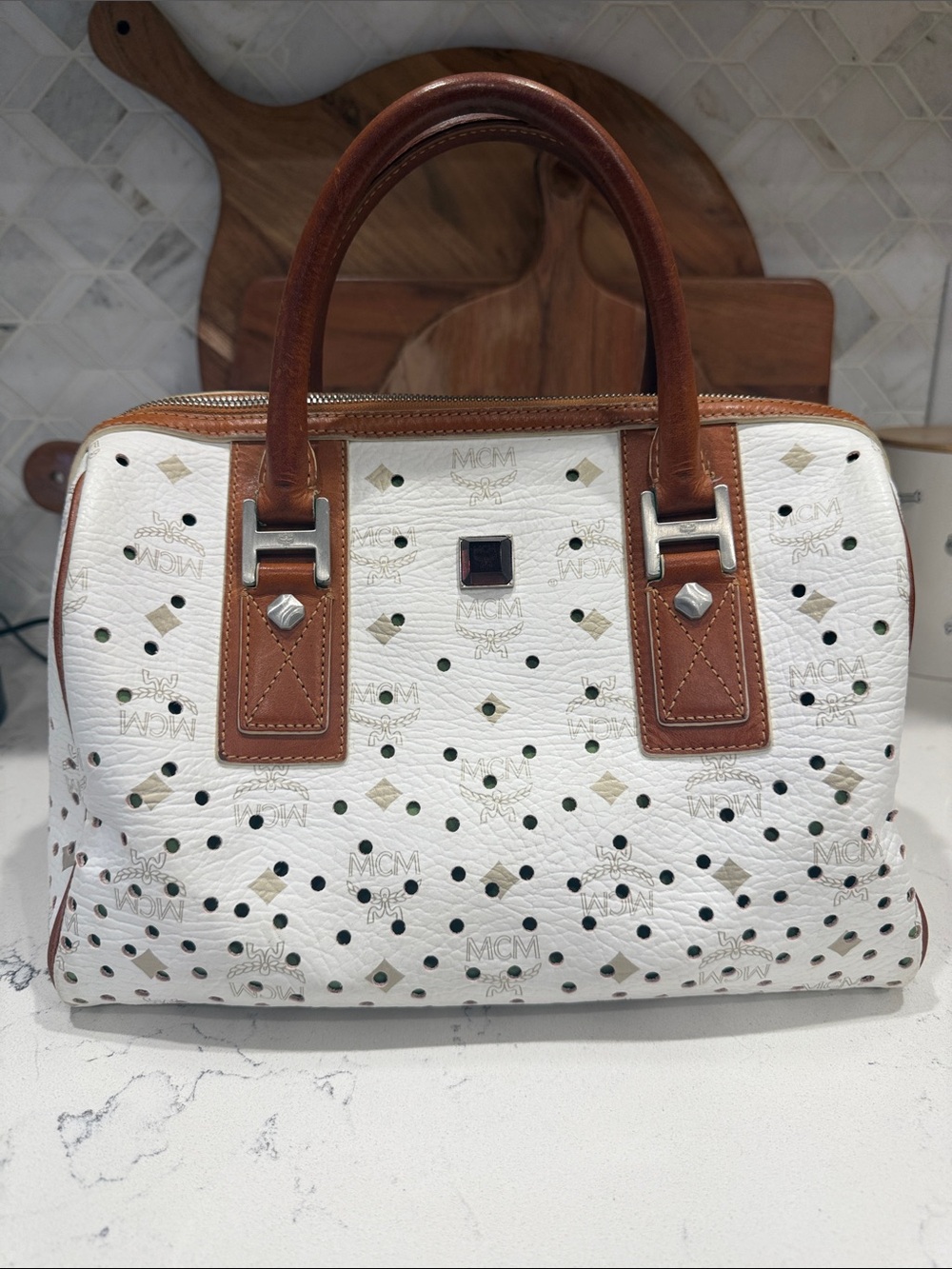 MCM White Perforated Logo Satchel with Brown Leather Handles with COA